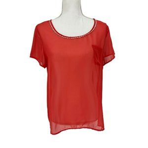 Robin K sheer top XL salmon orange short sleeve lace trim pocket